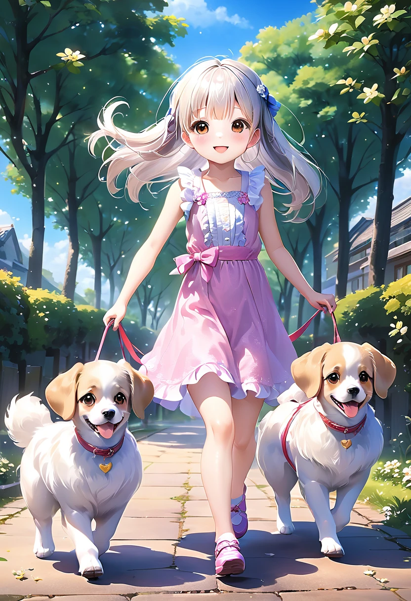 Two Girls、Very close sisters、Walk hand in hand、Having fun and being excited、They both walk with a bounce、Happy smile、A cute, cool sleeveless dress、Dogs walking side by side、(Quadrupedal Dog、Very large dog:1.4、Same height as her sister、Bushy white hairs、She is very kind and cares for her sisters.)、Nothing in my hands、Watching the audience、