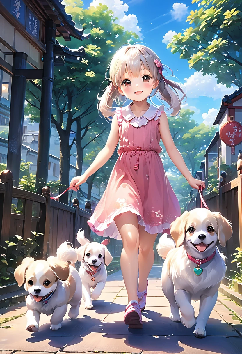 Two Girls、Very close sisters、Walk hand in hand、Having fun and being excited、They both walk with a bounce、Happy smile、A cute, cool sleeveless dress、Dogs walking side by side、(Quadrupedal Dog、Very large dog:1.4、Same height as her sister、Bushy white hairs、She is very kind and cares for her sisters.)、Nothing in my hands、Watching the audience、