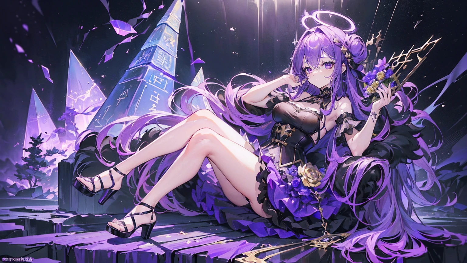 (Super detailed)),((illustration))，((masterpiece)),(((need))),((fine、Highest quality CG Unity 8K wallpapers，masterpiece），（（4K，masterpiece，best quality）），Woman with long black and purple hair，Confined in a coffin，Mature，Hair tied on both sides，Black and gold tulle skirt，Purple-white halo，Black and purple high heels，Full of flowers，pyramid，Emitting dim purple light，under deep sea，under deep sea的废墟，under deep sea排满棺材，Mysterious symbols