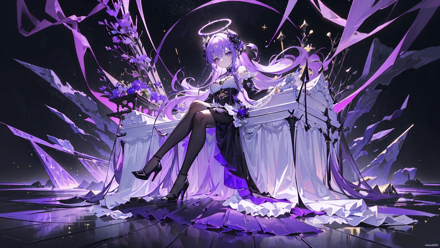 (Super detailed)),((illustration)),((masterpiece)),(((need))),((fine、Highest quality CG Unity 8K wallpapers,masterpiece),((4K,masterpiece,best quality)),Woman with long black and purple hair,Confined in a coffin,Mature,Hair tied on both sides,Black and gold tulle skirt,Purple-white halo,Black and purple high heels,Full of flowers,pyramid,Emitting dim purple light,under deep sea,under deep sea的废墟,under deep sea排满棺材,Mysterious symbols