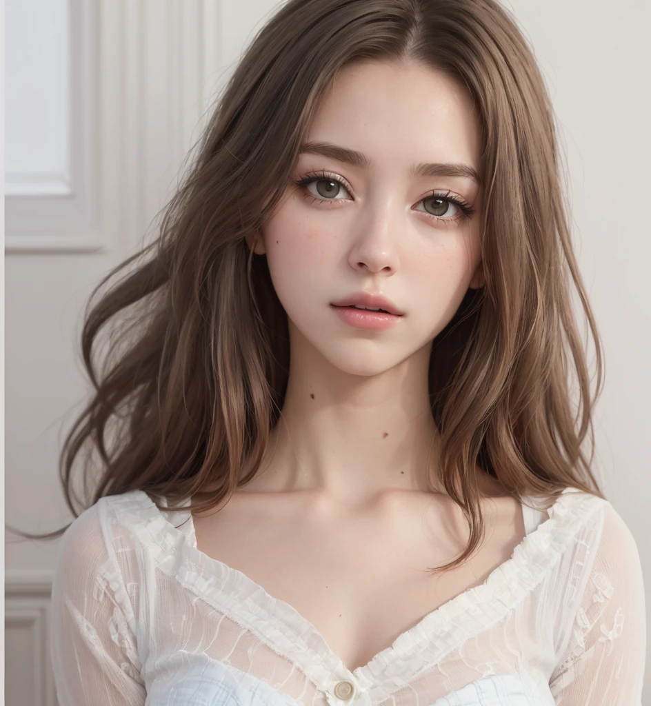 (Best quality, 8K, high resolution, masterpiece: 1.2, DSLR, 16k), ultra-detailed, (realistic, photorealistic, photorealistic: 1.37), portrait, creative style artwork, historical, classic, sophisticated, wide variety of colors . Highly detailed, soft lighting, luxurious atmosphere, there is a young woman, ((White shirt, miniskirt, minidress,, , slim fit (perfect oval shape, asymmetrical facial structure, perfect proportion, almond eye type, hazel eye color). (detailed eyes, light brown with blue hair color, 32 inch breasts, hourglass figure, slim body, pale white skin tone, sexy girl, 22 years old, soft wavy hair, look away, expression of attitude, professional makeup, pink lips)