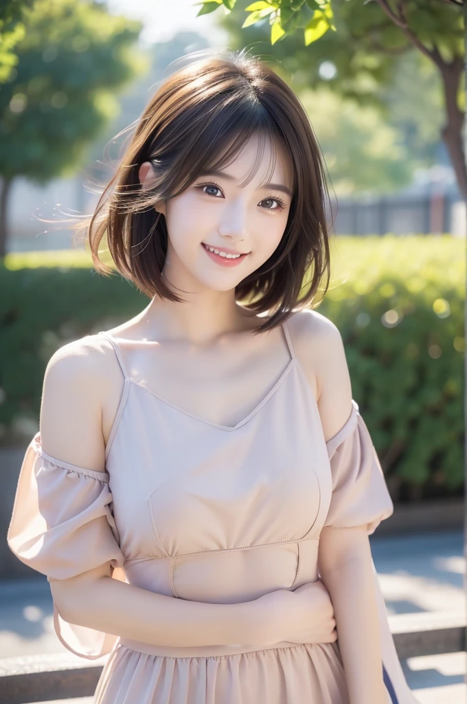 Image resolution 8K、masterpiece:1.3)、Beauty、1 female、(魅力的なBody Type:1.2)、abdomen:1.1、Dark brown hairstyle:1.1、(Body Type:1.2)、Ultra-detailed face、Attractive lips、double eyelid、Wearing a two-piece dress、Super realistic and super cute in every detail、Japanese、Japanese女性、20th generation(28 years old)、Smile with a beautiful smile、Hair blowing in the wind、Short Hairstyle、