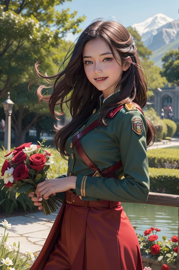 A beautiful girl，A sweet smile，（Face details:1.6），（Red epaulettes:1.6），（Fighting posture:1.3），Wearing a green military uniform，fresh flowers，lakes，parks