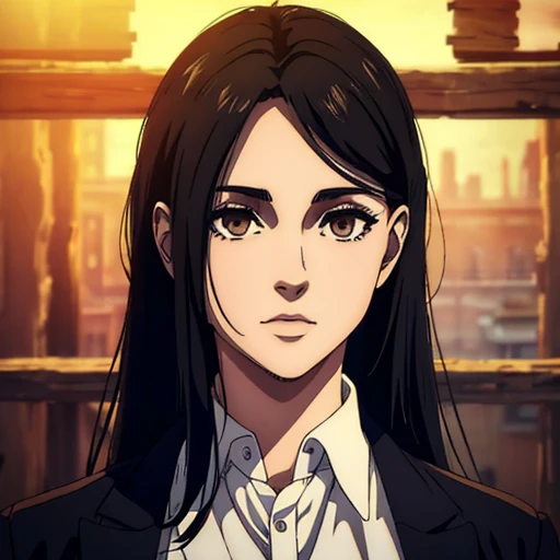 best quality,4k,8k,highres,masterpiece:1.2),ultra-detailed,(realistic,photorealistic,photo-realistic:1.37), a woman with diamond shaped face, mappa art style,  has midnight black hair color, his hair are long ,  detailed brown almond-shaped eyes  ,  she looks beautiful, she is fair, she is wearing white shirt, vibrant color, behind her cabin 