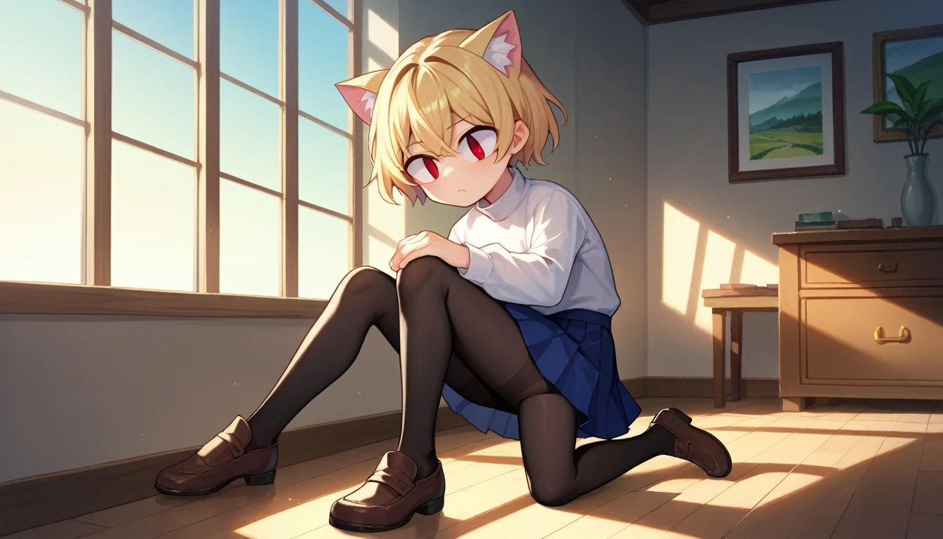 score_9, score_8_up, score_7_up, score_6_up, score_5_up, score_4_up, BREAK, 1boy, solo, necoarc, lit pupils, cat ears, blonde hair, red eyes, :3, turtleneck, blue skirt, pleated skirt, pantyhose, brown footwear, highlight thighs, landscape, inside a room, near a window 
