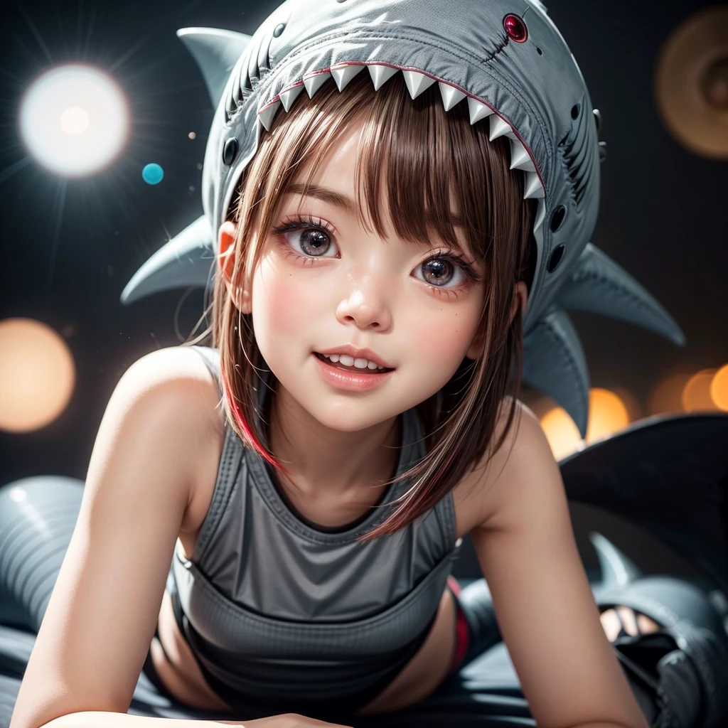  ((Skinny Shark BodySuit, Stuffed shark head hood)with Fin), 8k, High-level, absurd, masterpiece, best quality, primitive, very detailed CG, very detailed wallpaper, perfect lighting, Extremely detailed ((( personifying " Shark" as a ))), MysticSight, Tyndall effect, Tyndall scattering, (Studio gray background with (Overflowing oodles Dazzling RainbowColorParticles (BokeH))), (RoundlyButts,  Leg Fin), (Exposed:0.4), (Assfocus with looking ahead) BREAK  (Acutance:0.88), (NOGIZAKA face variations) Extremely Detailed very KAWAII face variations, perfect anatomy, Childish, CaptivatingGaze ElaboratePupils detailed Eyes with (sparkling highlights:1.28), (Voluminous LongEyelashes:0.88)、GlossyRED Lips with beautiful details, RosyCheeks, Radiant PearlSkin with Transparency . { (Dynamic LifeLike expressions:1.4) | (:d) }, (large eyes:-1) . ((animal ears:-1.2))