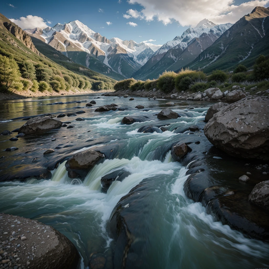 The image shows the high Caucasus mountains, rich colors, at the foot of the mountains flows a stormy river with clear water, super realization 8k, фотоаппарат canon 