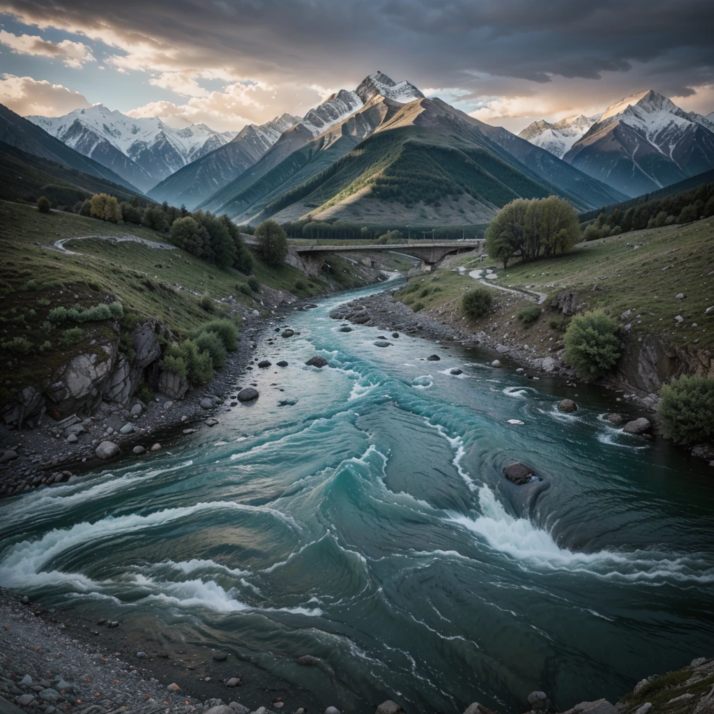 The image shows the high Caucasus mountains, rich colors, at the foot of the mountains flows a stormy river with clear water, super realization 8k, фотоаппарат canon 