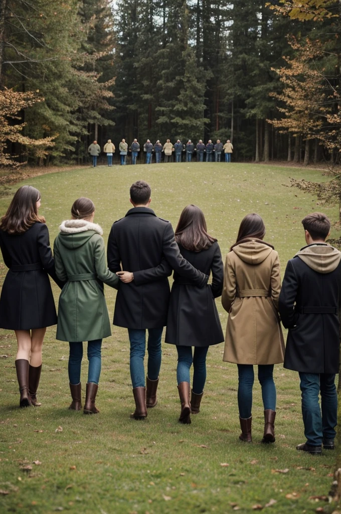 create an image of 9 teenagers. 5 men and 4 girls. They're standing in the grassy ground facing the forest.They're all wearing a coat because of the cold weather. All wearing a boots. Make the picture showing just their backs