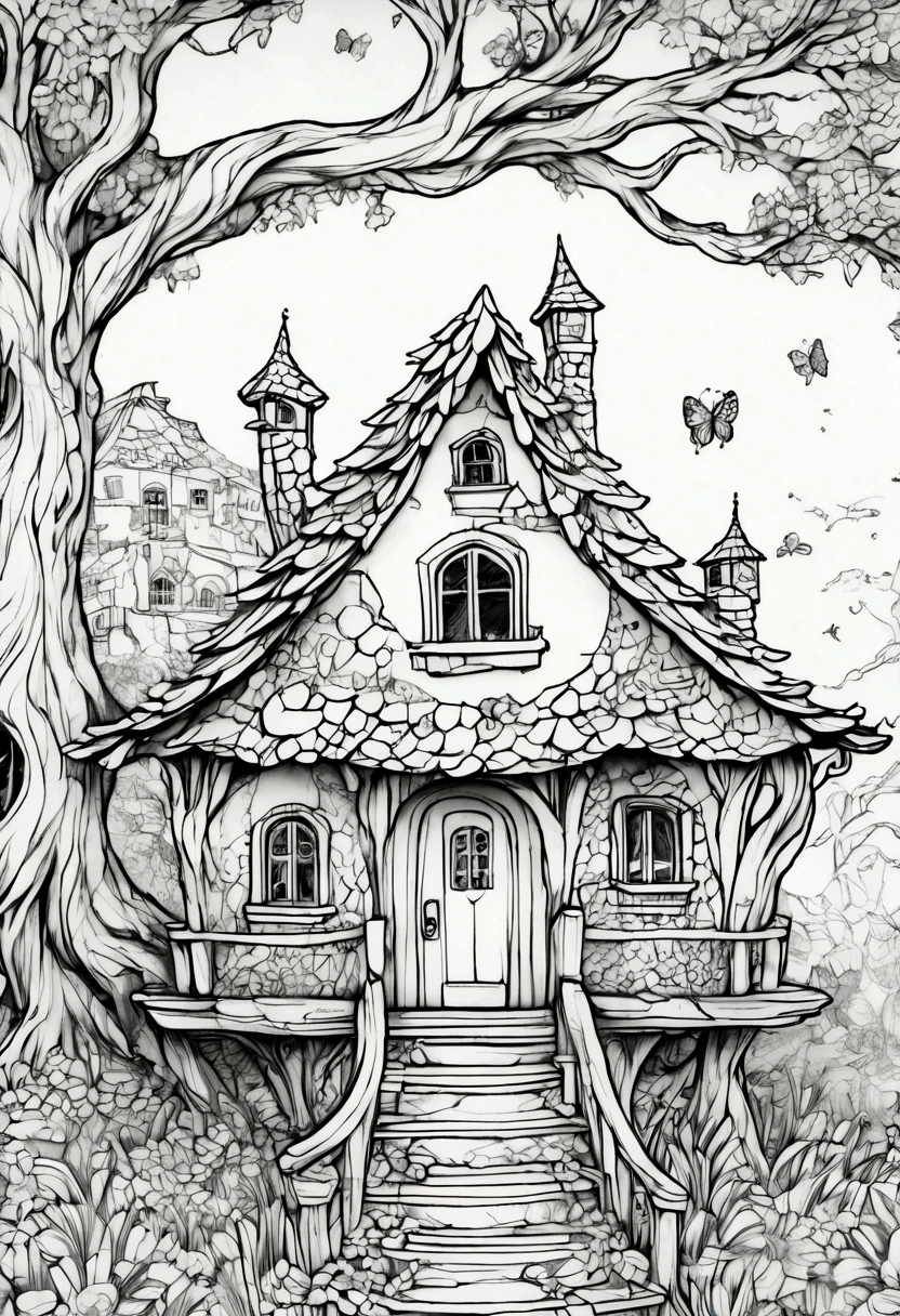 A whimsical fairy house nestled in the hollow of an ancient tree, clean line art, white background, colouring page, clean outline, sketch style, floral frame, decorative panel, abstract ,sketch, character lines and scenes without colors and shadows. (Masterpiece, Best Quality, Highres:1.4), Detailed, Intricate Details, 4K, color splashes, line art