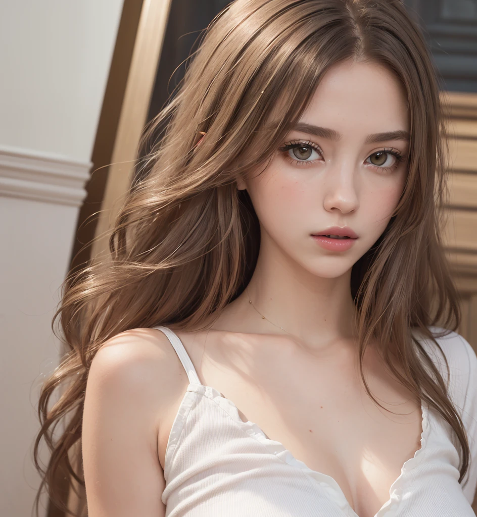 
(Best quality, 8K, high resolution, masterpiece: 1.2, DSLR, 16k), ultra-detailed, (realistic, photorealistic, photorealistic: 1.37), portrait, creative style artwork, historical, classic, sophisticated, wide variety of colors . Highly detailed, soft lighting, luxurious atmosphere, there is a young woman, ((White shirt, miniskirt, minidress,, , slim fit (perfect oval shape, asymmetrical facial structure, perfect proportion, almond eye type, hazel eye color). (detailed eyes, light brown with blue hair color, 32 inch breasts, hourglass figure, slim body, pale white skin tone, sexy girl, 22 years old, soft wavy hair, look away, expression of attitude, professional makeup, pink lips)