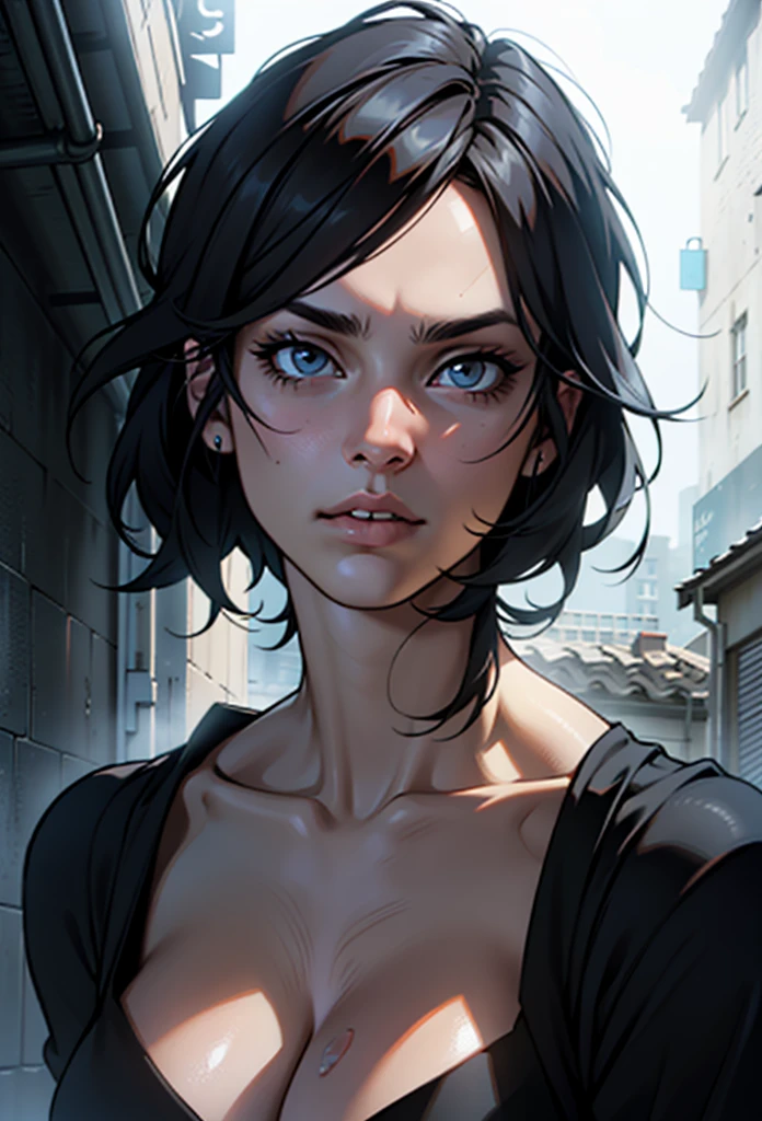 muscular girl,big breasts,black hair,yellow eyes,expressionless,pale girl,realistic,photorealistic,photo-realistic:1.37,best quality,4k,8k,highres,masterpiece:1.2,ultra-detailed,hyper detailed,detailed portrait,beautiful detailed eyes,beautiful detailed lips,extremely detailed eyes and face,long eyelashes,dramatic lighting,chiaroscuro,moody lighting,cinematic lighting,dramatic pose,dynamic angle,realistic skin texture,flawless skin,intricate detail,exquisite detail,cinematic atmosphere,dramatic background,dark fantasy,dark aesthetic