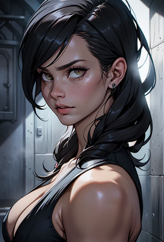 muscular girl,big breasts,black hair,yellow eyes,expressionless,pale girl,realistic,photorealistic,photo-realistic:1.37,best quality,4k,8k,highres,masterpiece:1.2,ultra-detailed,hyper detailed,detailed portrait,beautiful detailed eyes,beautiful detailed lips,extremely detailed eyes and face,long eyelashes,dramatic lighting,chiaroscuro,moody lighting,cinematic lighting,dramatic pose,dynamic angle,realistic skin texture,flawless skin,intricate detail,exquisite detail,cinematic atmosphere,dramatic background,dark fantasy,dark aesthetic