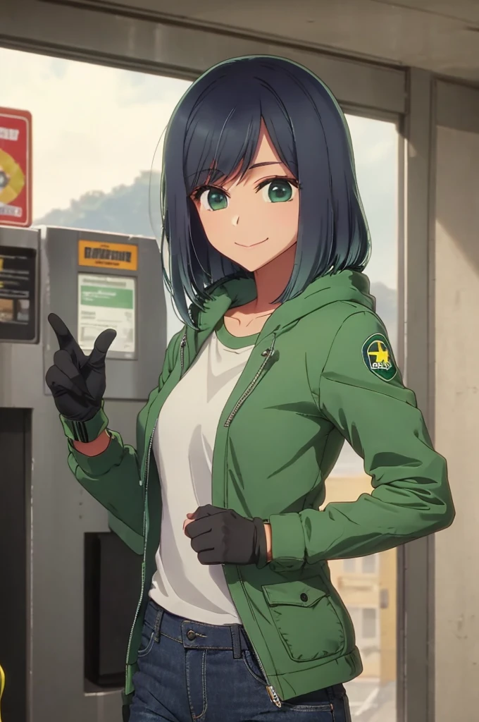 girl, jeans, green puffer jacket, smile, subway, black gloves