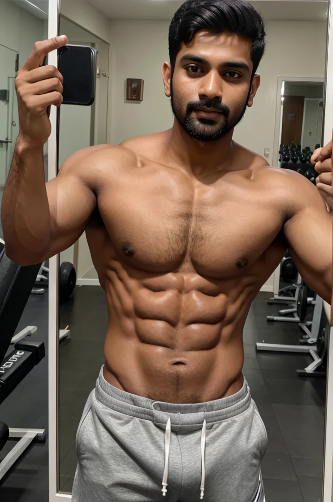 Mirror selfie Indian guy with six packs in gym