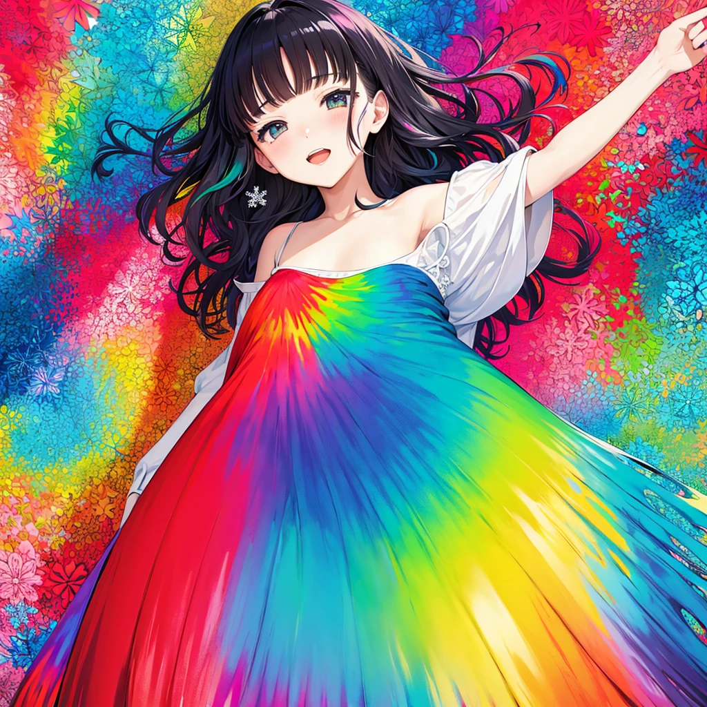 (Super detailed,ultra high resolution,Detailed background),((two-dimensional)),((flat color)),((rich and colorful)),((floating rich and colorful water)),1 girl,alone,looking at the audience,rest，Off the shoulder dress，cleavage，Smile