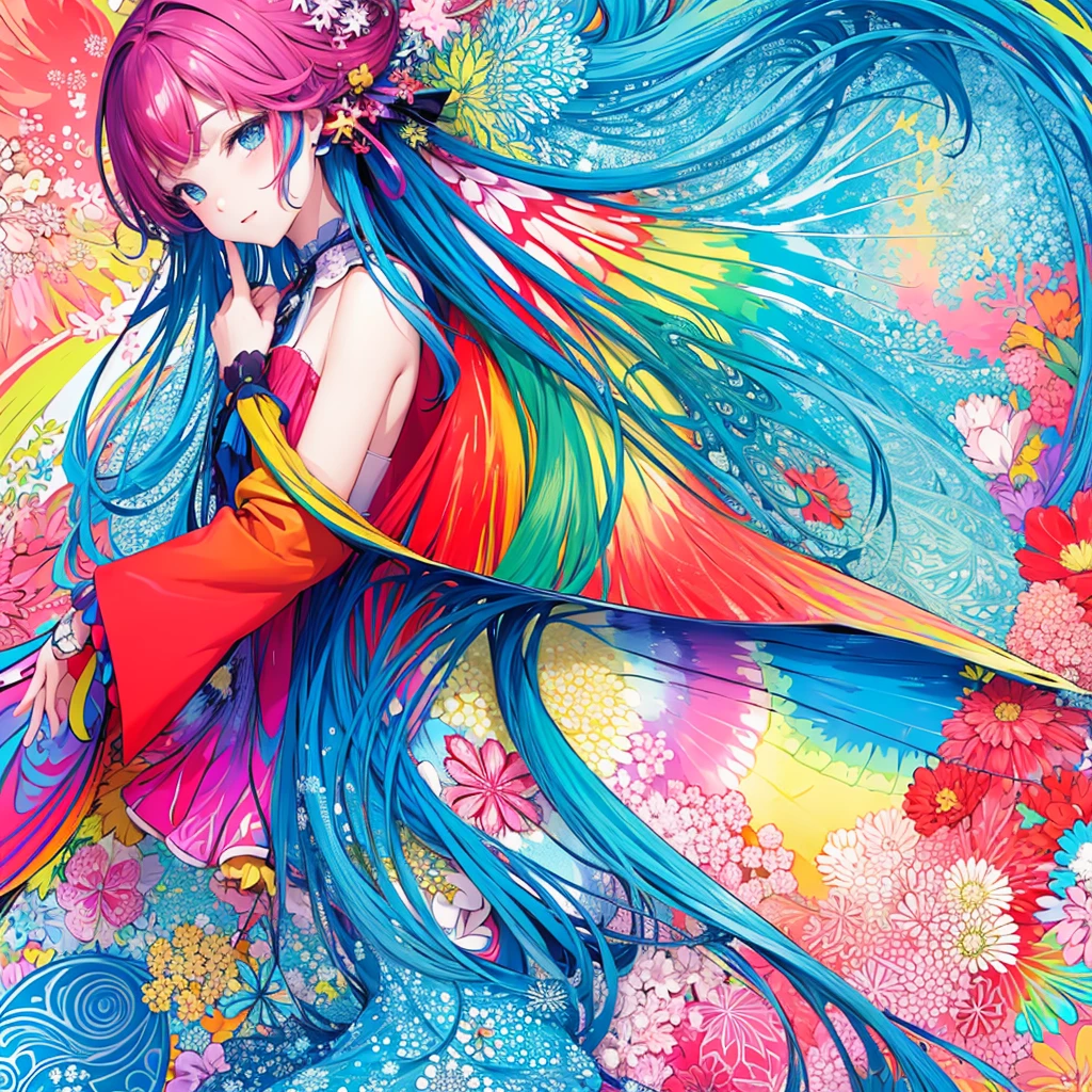 (flat-colors:1.3)、(colourfull:1.8)、(masuter piece:1.2)、top-quality、masterpiece、Original、highly detailed wallpaper、looking at viewert、1 beautiful girl with a pattern、solo、Colorful snowflakes float、(Fractal Art:1.4 )、