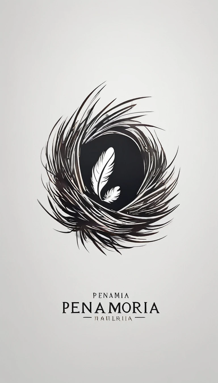 A minimal, modern, simple, cinematic logo design for the brand “Penamemoria". Create a modern, minimalistic, high-quality, logo of a boy inside a nest made of feathers. The logo must be a symbol for dreams, stories, memories, music and imagination.
