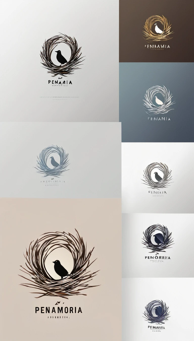 A minimal, modern, simple, cinematic logo design for the brand “Penamemoria". Create a modern, minimalistic, high-quality, logo of a boy inside a nest made of feathers. The logo must be a symbol for dreams, stories, memories, music and imagination.
