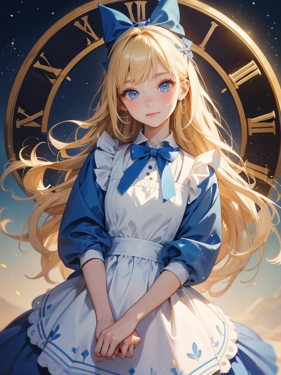 masterpiece, Highest quality, Very detailed, 16K, Ultra-high resolution, Cowboy Shot, Alice in Wonderland, -yeld gi Detailed face, Mischievous Smile, blue eyes, Blonde, Vertical Roll, Ribbon on head, Blue clothes, Plain white apron, 大きなclockのある部屋で, clock, 壁clock