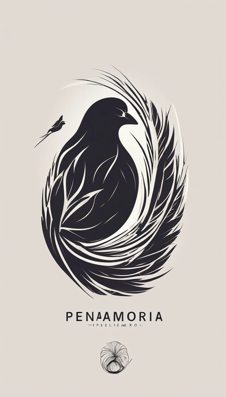 A minimal, modern, simple, cinematic logo design for the brand “Penamemoria". Create a modern, minimalistic, high-quality, logo of a boy inside a nest made of feathers. The logo must be a symbol for dreams, stories, memories, music and imagination.
