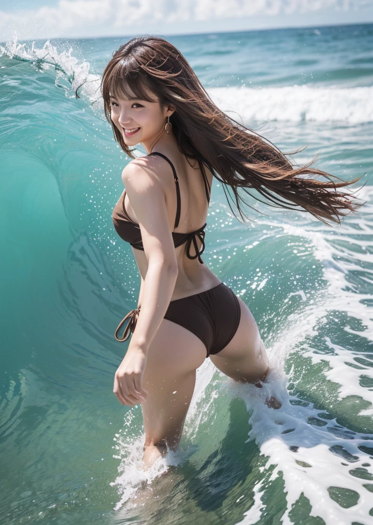 profile、Turned around、Butt,Flat Chest、(Slim body）、((Slim body))、Long Hair,Straight Bangs,Embarrassing,masterpiece,diamond、Earrings,background of fantasy,(((Brown Hair)))、surfer,  looking at viewer,Hawaiiの海,Hawaii、 surfing、surfboard、Hawaiiの海でsurfingを楽しんでいる、Riding the wave、surfingをしている、Rough seas、Beautiful sea、Highest quality, High resolution, unity 8k wallpaper, (shape:0.8), (Beautiful details:1.6), Highly detailed face, Sing happily、looking at the camera、laugh、smile、marine sports、