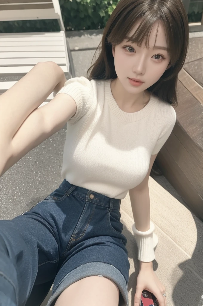 (Solitary:1.3)), 1 Girl, best quality, realistic, Reality, best quality, masterpiece, Very refined, Very detailed, (Selfie:1.2), Fine details, Ultra Detailed, HD, Very detailed, realistic, Ultra HD, best quality, Ultra HD, (real:1.4), High quality textures, Wearing a white thin summer sweater, On the roof, Bangs, Long hair , Afternoon Sunshine, Spectacular sky and clouds