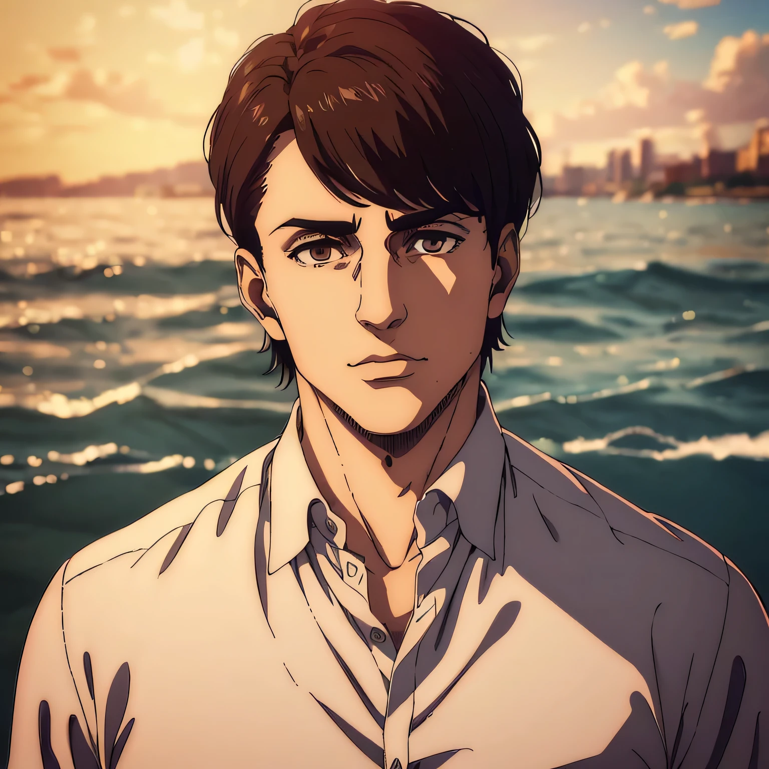 (best quality,4k,8k,highres,masterpiece:1.2),ultra-detailed,(realistic,photorealistic,photo-realistic:1.37), a man , mappa art style,  heart-shaped face  and sharp jawline, brown almond-shaped eyes with positive canthal tilt,  dark brown hair color , his hair is styled in french crop haircut, he is well built , he looks handsome, he is fair , he is wearing black casual plain shirt