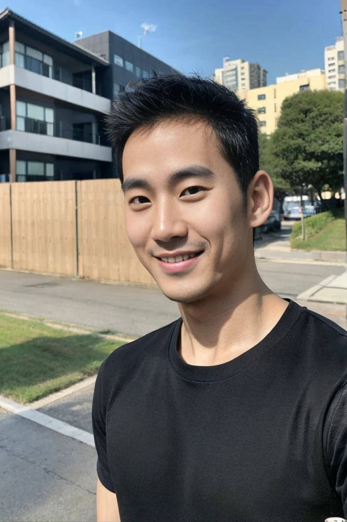 Korean man, Inspiration from Peng Yuyan, 30 years old, 236 years old, Cute Korean Face, 35 yo, 33 year old Korean muscular man，Gym in the background, black t-shirt ，looking to the camera，frontage ,Light-sensitive, smile, ,wide angle