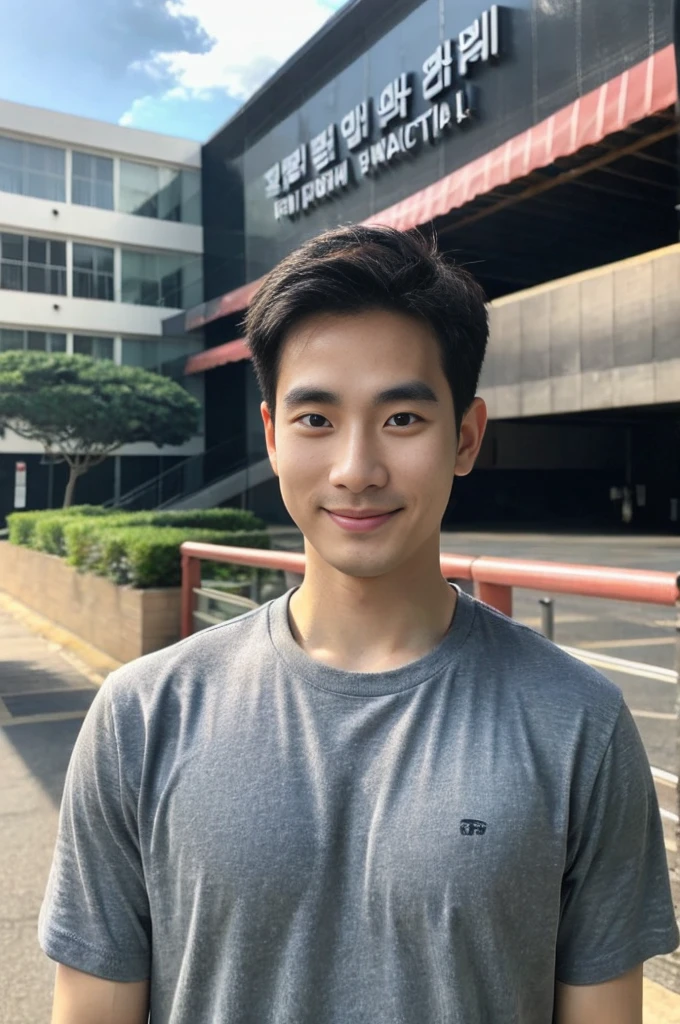 Korean man, Inspiration from Peng Yuyan, 30 years old, 236 years old, Cute Korean Face, 35 yo, 33 year old Korean muscular man,Gym in the background, black t-shirt ,looking to the camera,frontage ,Light-sensitive, smile, ,wide angle
