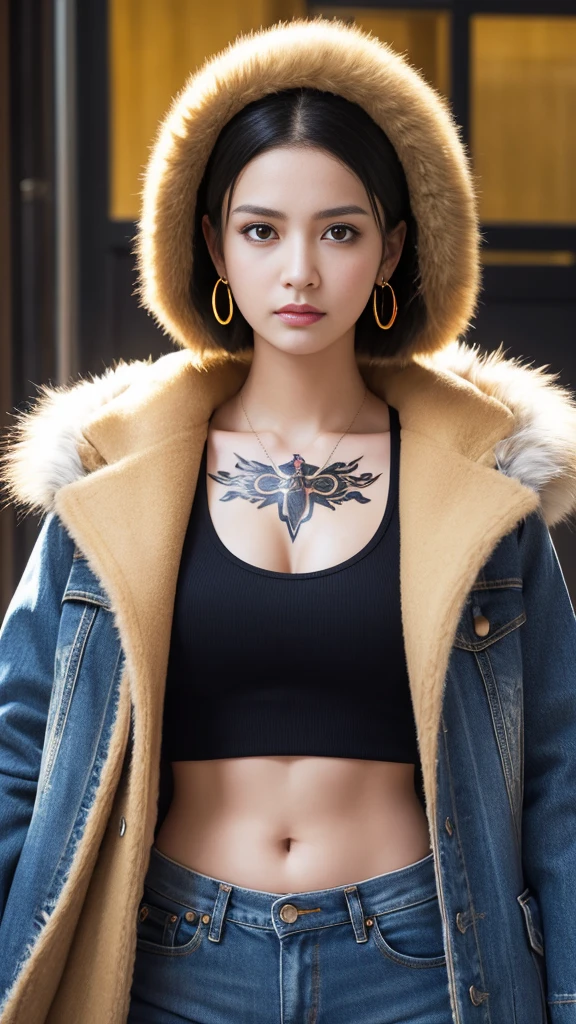 masterpiece, Highest quality, 8K,Highest Resolution, Absurd, Very detailed, Female Trafalgar Law, One girl, 1 Sword, alone, View your viewers, short hair, Medium chest, Have, belly button, Cleavage, clavicle, Earrings, abdomen, pants, coat, Fur trim, denim, jeans, Shoulder Tattoo, Hand tattoos, Finger Tattoos, black fur-trimmed coat, coat on shoulders, Yellow Tank Top,///,Random Face,