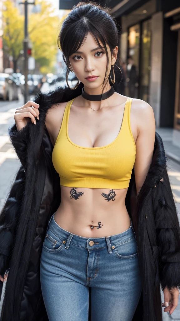 masterpiece, Highest quality, 8K,Highest Resolution, Absurd, Very detailed, Female Trafalgar Law, One girl, 1 Sword, alone, View your viewers, short hair, Medium chest, Have, belly button, Cleavage, clavicle, Earrings, abdomen, pants, coat, Fur trim, denim, jeans, Shoulder Tattoo, Hand tattoos, Finger Tattoos, black fur-trimmed coat, coat on shoulders, Yellow Tank Top,///,Random Face,