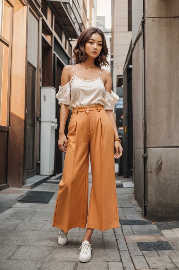 Costume planning theme autumn and winter return to dust,Style: Urban simplicity, Old money style, Reference brand TEME 2023. Moya Seoul 2023 colors: Peach, Amber brown, Orange-yellow details: The top is smart,Casual culottes,Loose shoulder straps,White shirt material: linen, Cotton, Silk, Fleece, Full body front design