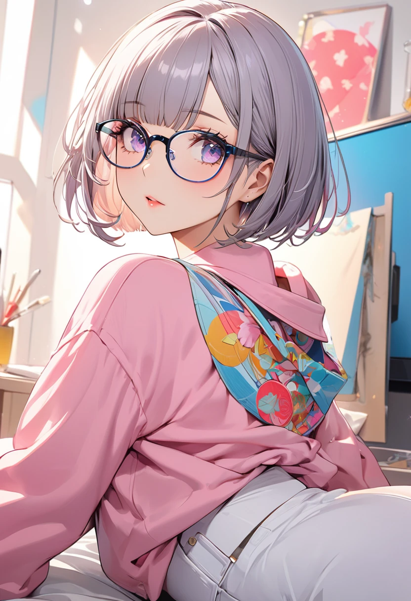 masterpiece, Highest quality, 16K, Very detailed, Perfect beauty, Beautiful cute girl, Pop Glasses, Glasses that fall off easily, In a beautiful pose, Modern shaved bob, Through the bangs, Brightly colored illustrations