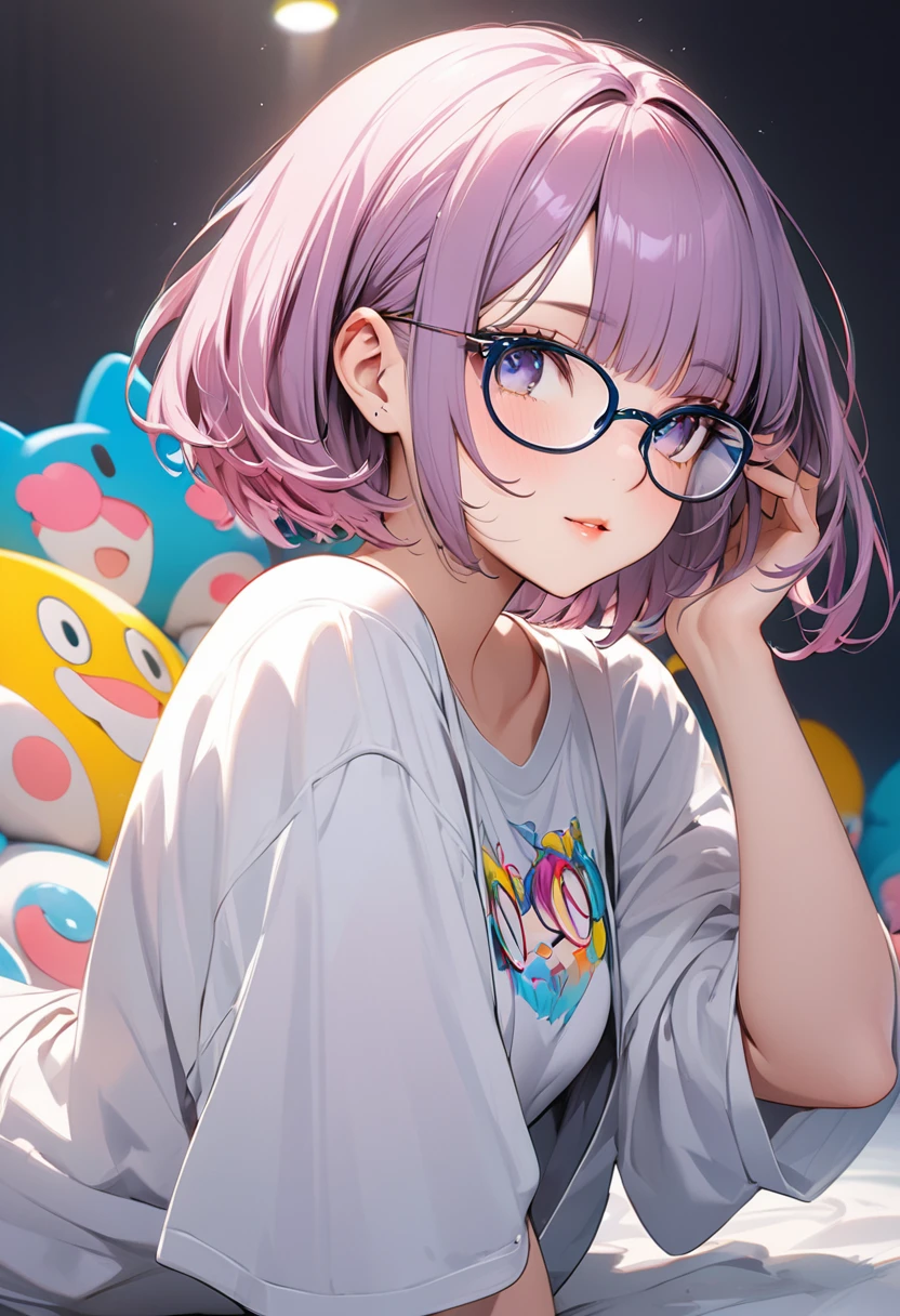 masterpiece, Highest quality, 16K, Very detailed, Perfect beauty, Beautiful cute girl, Pop Glasses, Glasses that fall off easily, In a beautiful pose, Modern shaved bob, Through the bangs, Brightly colored illustrations