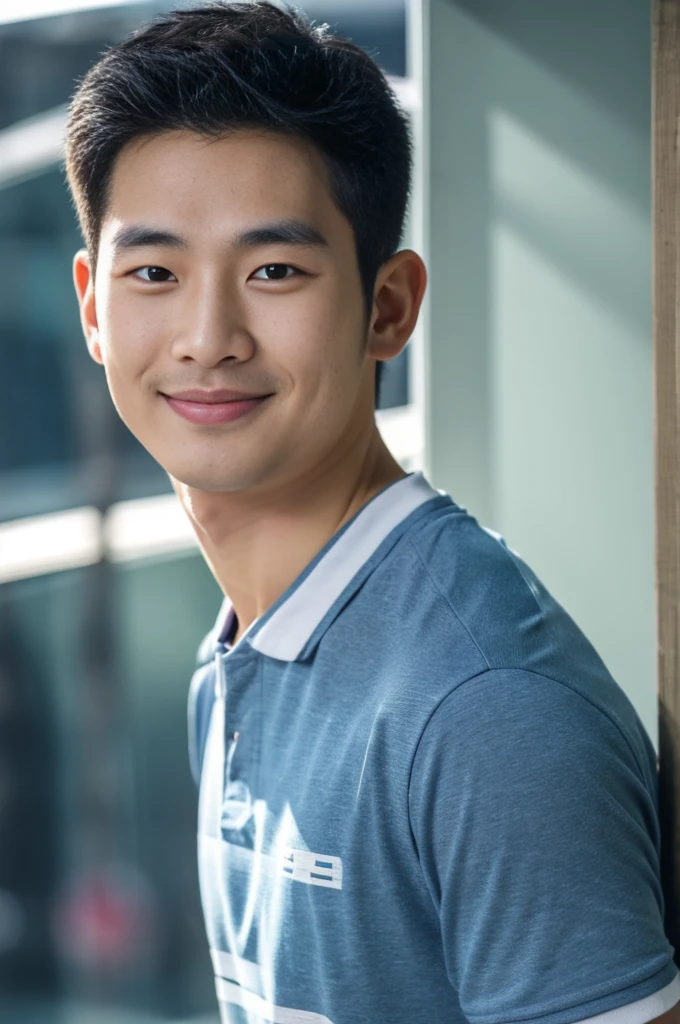 Korean man, Inspiration from Peng Yuyan, 30 years old, 236 years old, Cute Korean Face, 35 yo, 33 year old Korean muscular man，The gym is on the back of the shirt.  handsome shirt guy，looking to the camera，frontage，high qulity，tmasterpiece，8K.4K,1080P，Light-sensitive, smile, ,wide angle frontage，high qulity，tmasterpiece，8K.4K,1080P，Light-sensitive, 