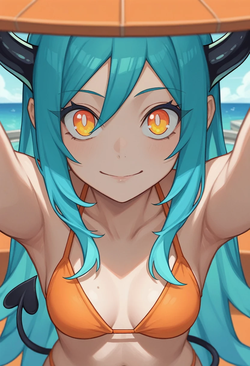 smile, 1girl, anthro, furry, fur, fluffy fur, Hatsune Miku, white fur, white body, cat girl, {(blue bikini), (striped bikini bra), (striped bikini panties), blue eyes, (19 years), medium breast, thicc thighs, solo, (beach), (sunset), standing, high angle camera, selfie, peace sign on one hand, detailed, score_9, score_8_up, score_7_up, score_6_up, score_5_up, score_4_up, pregnant