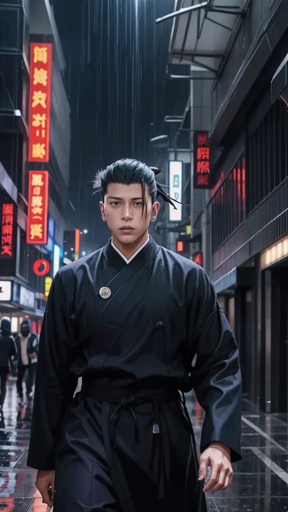 21 year old, handsome young man, Gaga, named "zugu geto" wearing Komono clothes, colored, black, effects, realistic visuals./" JUJUTSU KAISEN". was walking in the middle of the city in the pouring rain.
