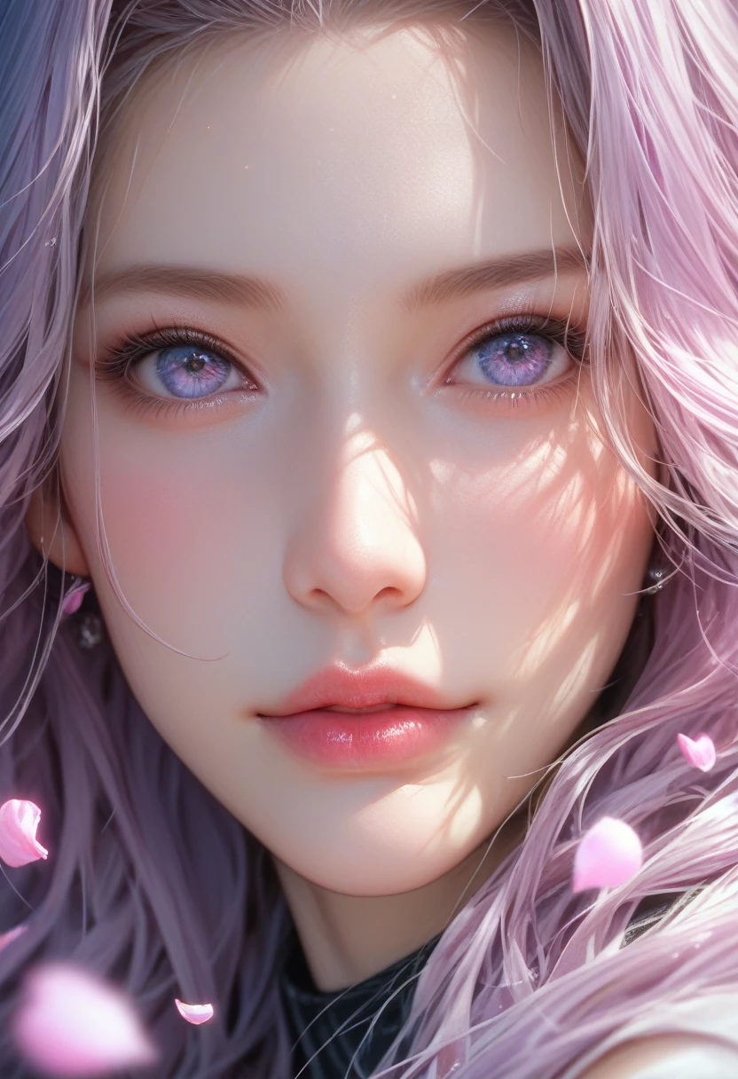 score_9, score_8_up, score_7_up, Girl's profile picture, light green long hair with bangs, light blue petals on cheeks, realistic skin texture, detailed picture, close-up, HD32k, medusa