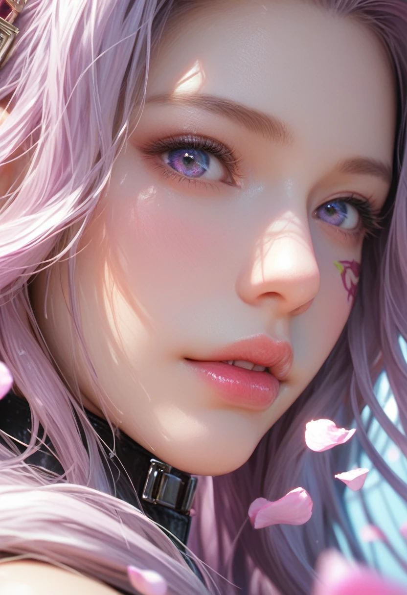 score_9, score_8_up, score_7_up, Girl's profile picture, light green long hair with bangs, light blue petals on cheeks, realistic skin texture, detailed picture, close-up, HD32k, medusa