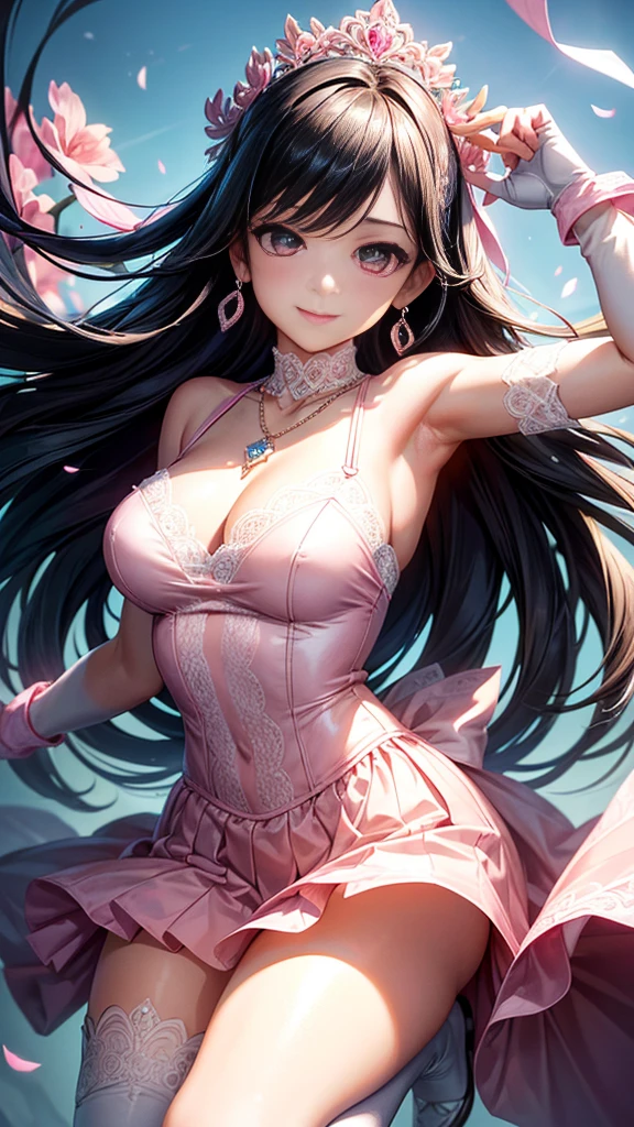 Dynamic angle,((1girl, elegant pink dresasterpiece, highest resolution)), (beautiful illustration),(semi long beautiful black hair),(looking at the viewer),innocent smile,cinematic lighting,white over-kneehighs,Lace chalker, wristband, diamond necklace,wristband, white fingerless gloves, earrings,day,blue sky,beautiful flower park