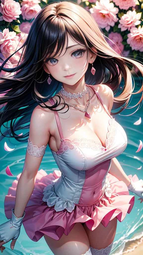 Dynamic angle,((1girl, elegant pink dresasterpiece, highest resolution)), (beautiful illustration),(semi long beautiful black hair),(looking at the viewer),innocent smile,cinematic lighting,white over-kneehighs,Lace chalker, wristband, diamond necklace,wristband, white fingerless gloves, earrings,day,blue sky,beautiful flower park