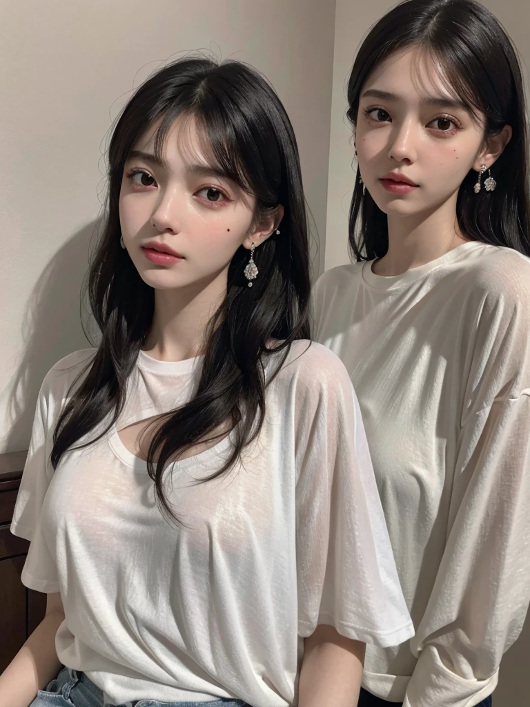 absurdres, RAW photo, extremely delicate and beautiful, masterpiece, Best Quality, ultra high resolution, 32k, hyperrealistic, ultra-detailed, delicate facial features, beautiful detailed woman, tearful mole, earring, medium breasts, full body shot, medium hair, black hair, cap, T-shirt, baggy shorts, 2 girls,