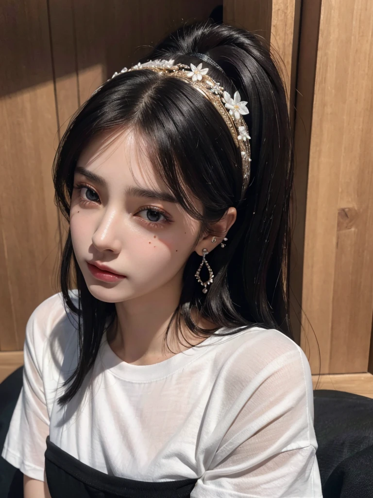 absurdres, RAW photo, extremely delicate and beautiful, masterpiece, Best Quality, ultra high resolution, 32k, hyperrealistic, ultra-detailed, delicate facial features, beautiful detailed woman, tearful mole, earring, medium breasts, full body shot, medium hair, black hair, cap, T-shirt, baggy shorts, 2 girls,