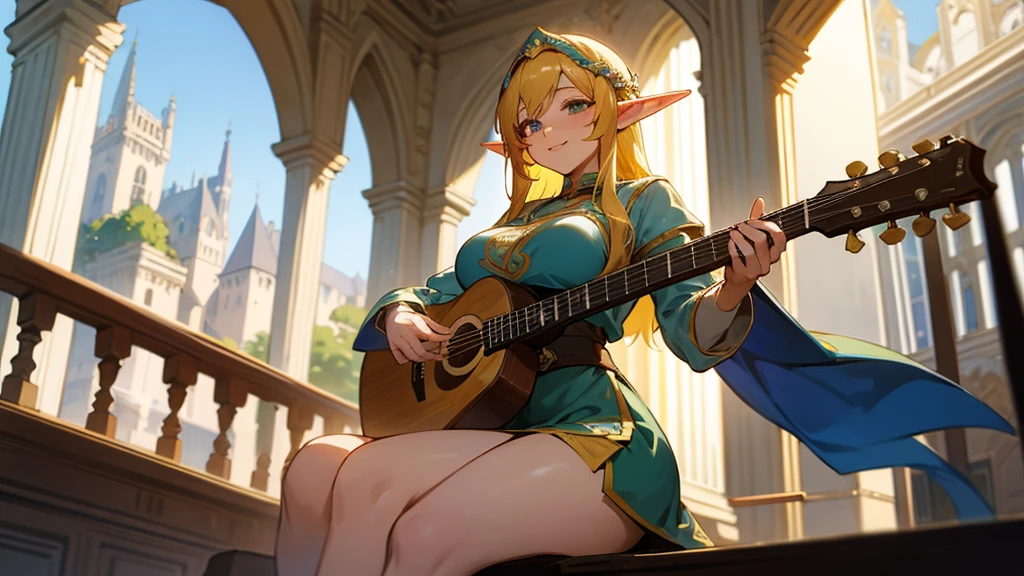 Anime Style,The distant scenery is painted in a circular pattern,The medieval world,A lively balcony with many people,Smiling bard beautiful elf girl,guitar,Large Breasts,Healthy thighs