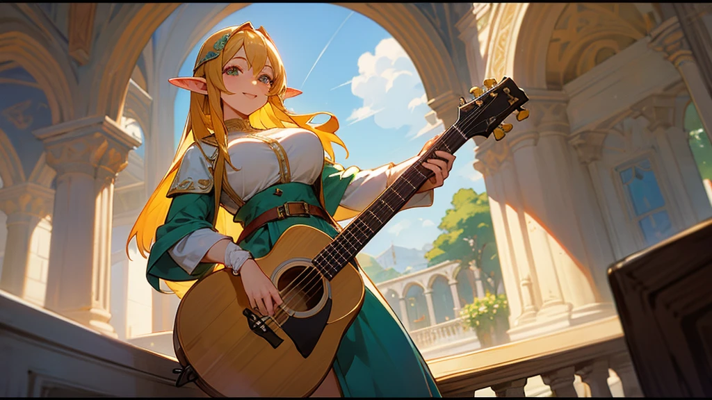 Anime Style,The distant scenery is painted in a circular pattern,The medieval world,A lively balcony with many people,Smiling bard beautiful elf girl,guitar,Large Breasts,Healthy thighs
