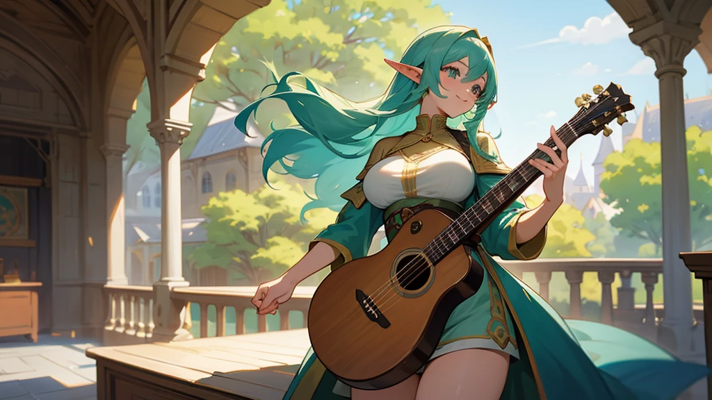 Anime Style,Nostalgic,Detailed background,The medieval world,A lively bar with lots of people,Smiling bard blue-haired beautiful elf girl,guitar,Large Breasts,Healthy thighs,Underarm