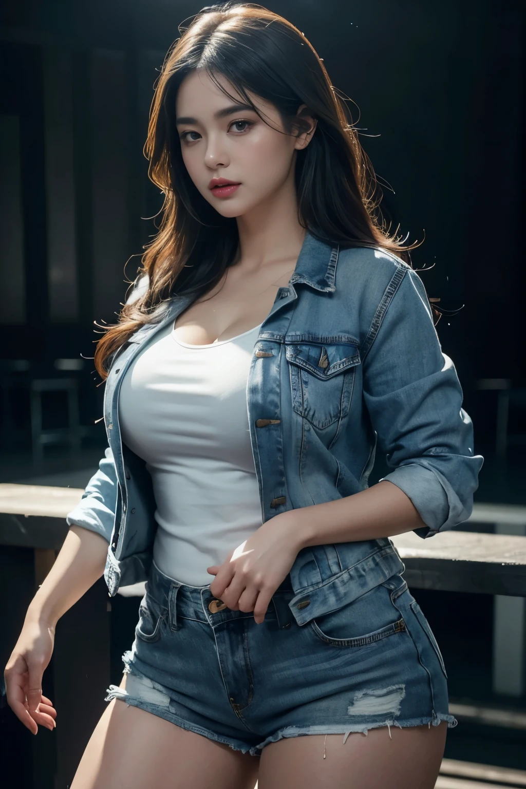 a beautiful curvy woman with plump figure, denim jacket, white shirt, shorts, posing at a night club, (best quality,4k,8k,highres,masterpiece:1.2),ultra-detailed,(realistic,photorealistic,photo-realistic:1.37),detailed facial features, beautiful eyes, nose, lips, long eyelashes, dramatic lighting, neon lights, moody atmosphere, glowing skin, elegant pose, cinematic composition