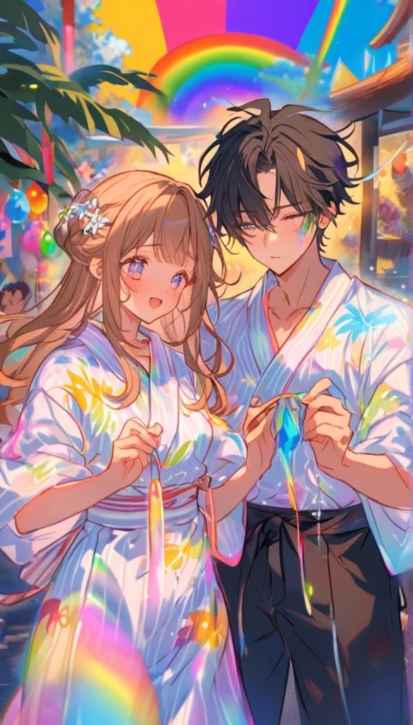 Sad expression、Caving、Stripを見つめ合うTwo people、Two people、tanabata、Strip、Bamboo leaf、Wishing on Strip、Grilling in a yukata,fluid,Particles of light, dream-like,Sparkling,dream-like glow,Paint drips,oil,strong stroke,Paint drips,Splash Paint Drop, oil,(Abstract:1.2)A girl and a boy made up of(tanabataライトトレース:1.25),Change to (Radioluminescence light tracking) スタイルtanabataのSummer festival,Two people are Orihime and Hikoboshi(Cowboy Shot),Temple Fair,Summer festival,Shining in rainbow colors、16K, Ultra-high resolution, to be born,wonderful ,future、iridescent、The world 30 years from now。