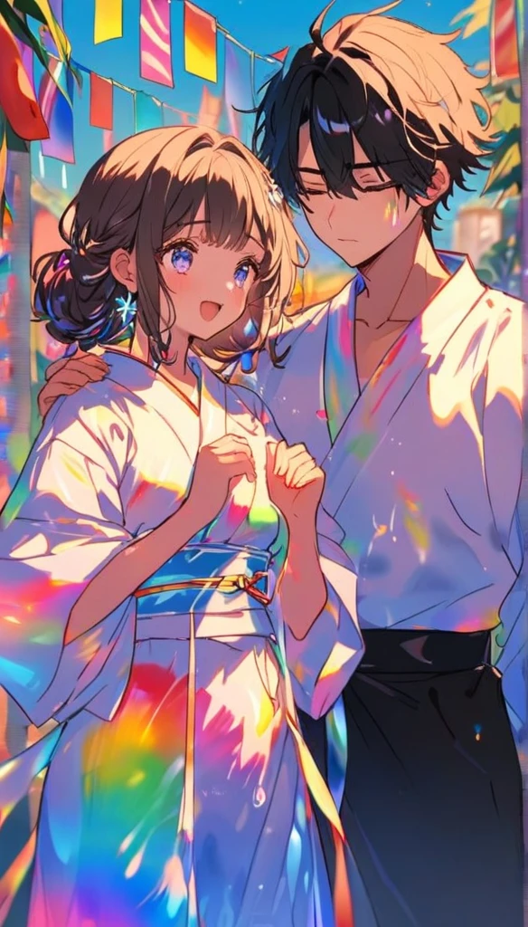Sad expression、Caving、Stripを見つめ合うTwo people、Two people、tanabata、Strip、Bamboo leaf、Wishing on Strip、Grilling in a yukata,fluid,Particles of light, dream-like,Sparkling,dream-like glow,Paint drips,oil,strong stroke,Paint drips,Splash Paint Drop, oil,(Abstract:1.2)A girl and a boy made up of(tanabataライトトレース:1.25),Change to (Radioluminescence light tracking) スタイルtanabataのSummer festival,Two people are Orihime and Hikoboshi(Cowboy Shot),Temple Fair,Summer festival,Shining in rainbow colors、16K, Ultra-high resolution, to be born,wonderful ,future、iridescent、The world 30 years from now。